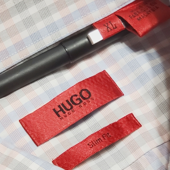 Hugo Boss Pink & Blue Plaid Pattern Men's Casual Short Sleeve Shirt XL Slim - Picture 2 of 4